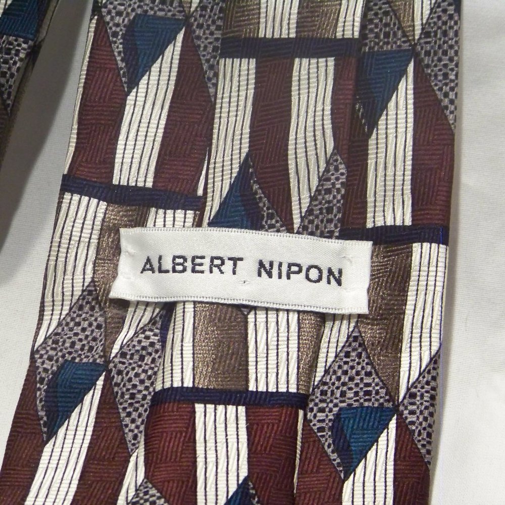Albert Nippon Silk Necktie Burgandy/Beige/Dk Blue/Brown Stripes and Diamonds